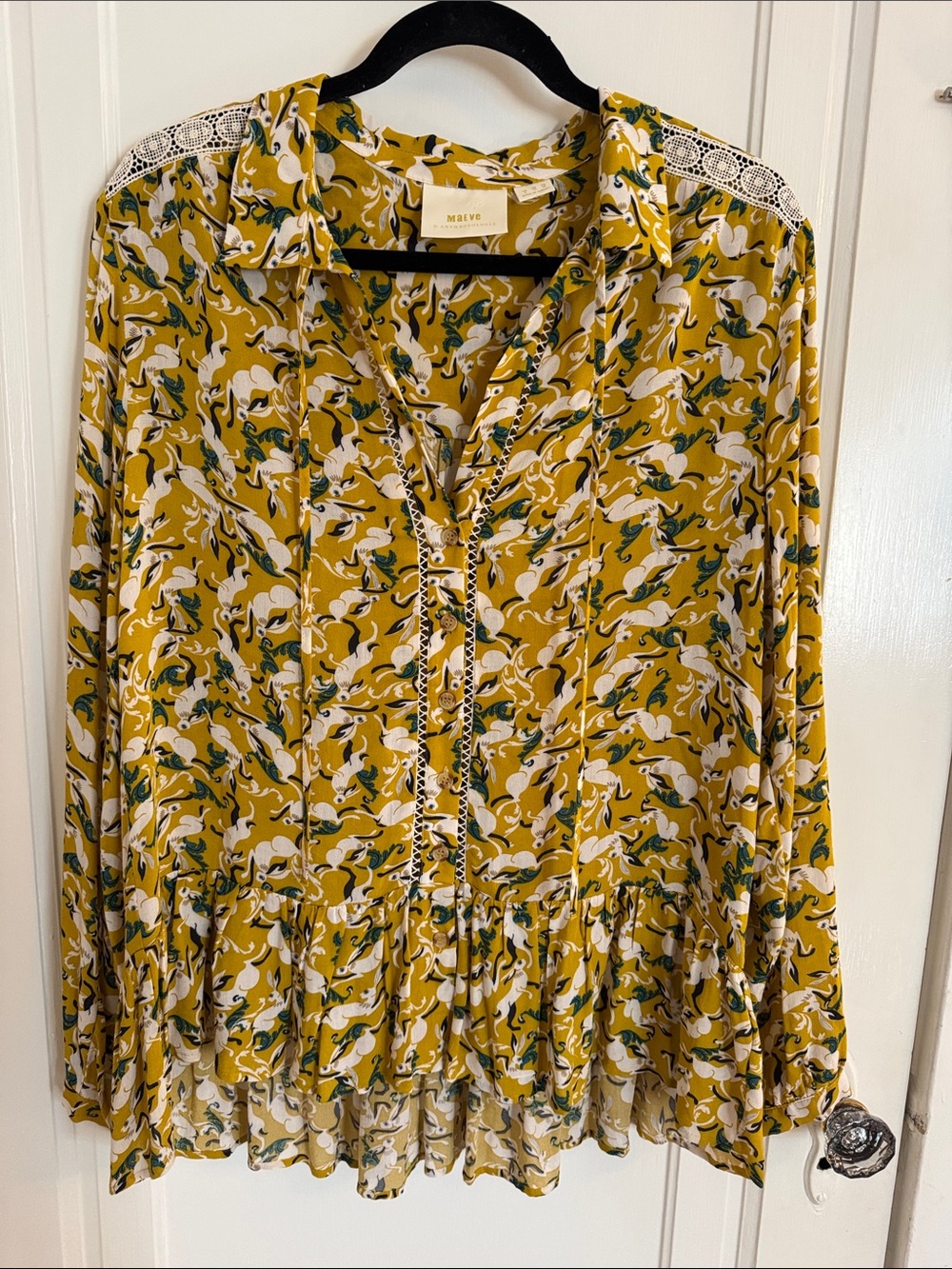 Maeve Anthropologie Mustard Rabbit Print Ruffled Button & Lace Blouse